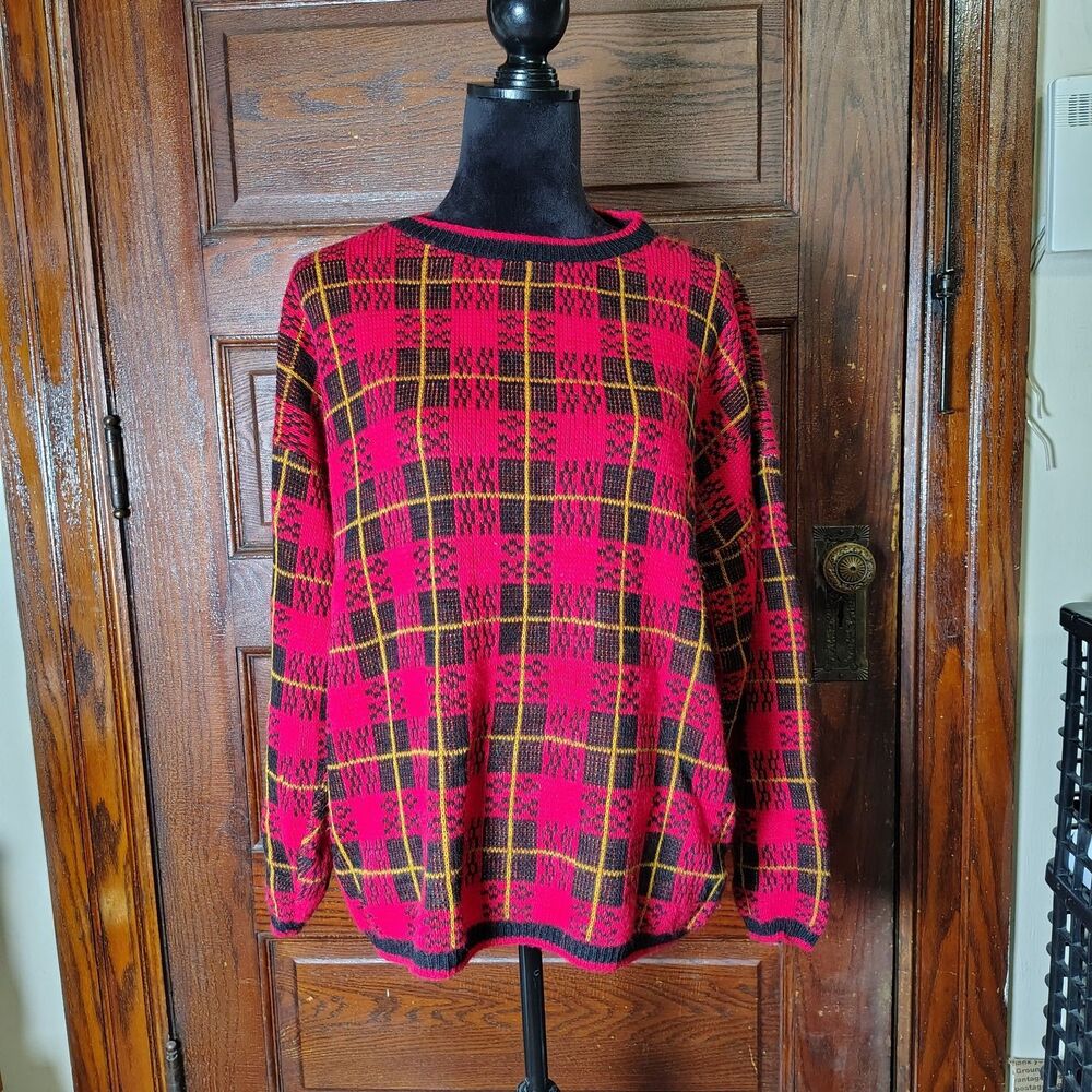 VTG Red Tartan Plaid Momcore Sweater Made In USA/T683